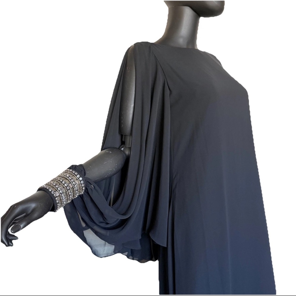 NWT Laundry By Shelli Segal Black Chiffon Maxi Dress Slit Long Sleeve Size 4
